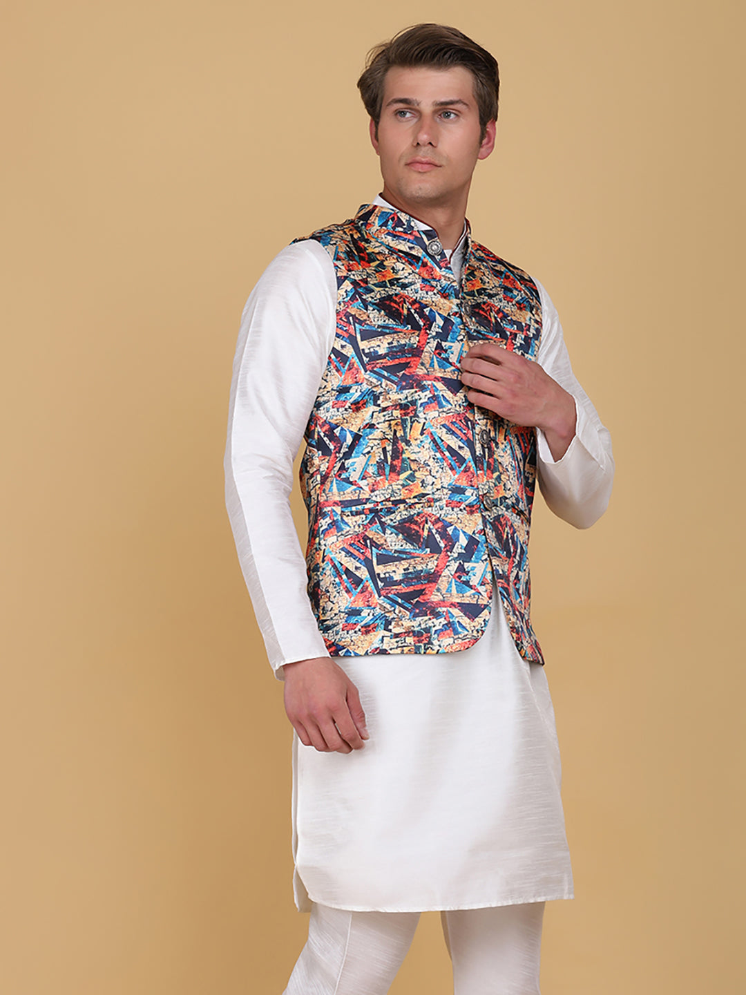 Men Multi Satin Nehru Jacket - Tahvo India