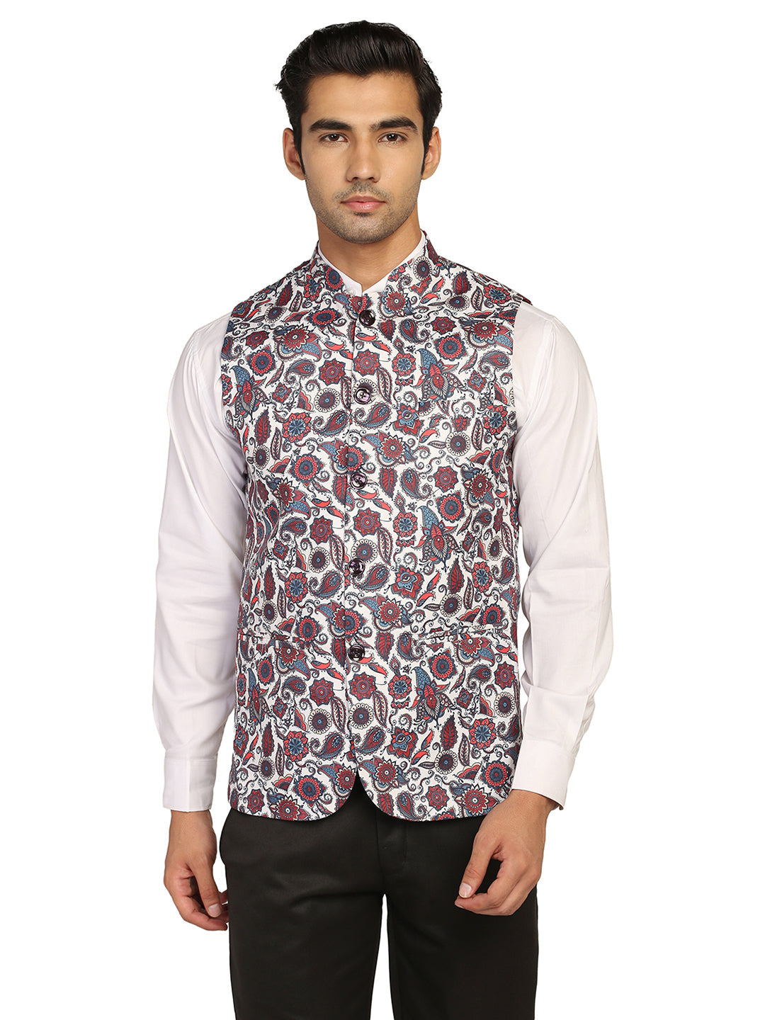 Men White Printed Nehru Jacket - Tahvo India