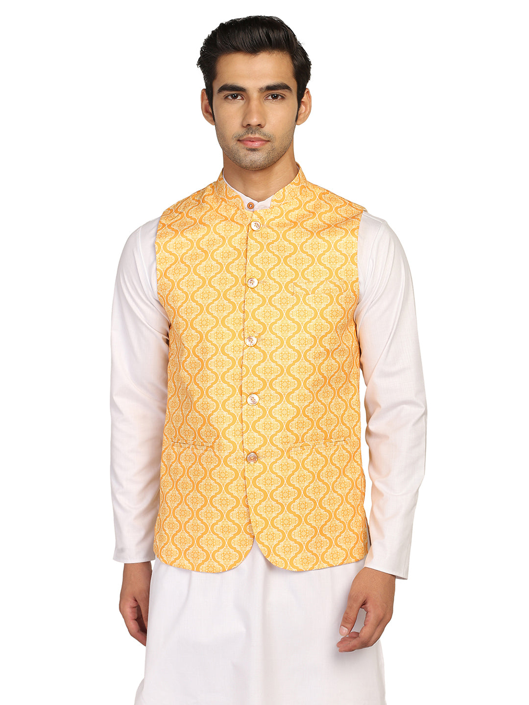 Men Yellow Printed Nehru Jacket - Tahvo India