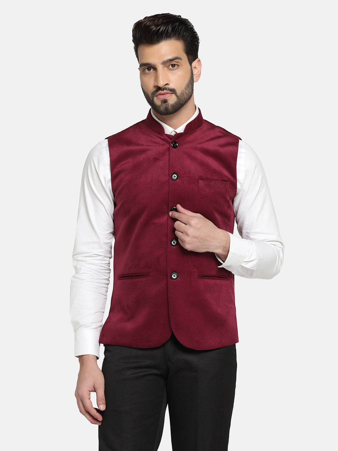 Men Maroon Velvet Nehru Jacket - Tahvo India