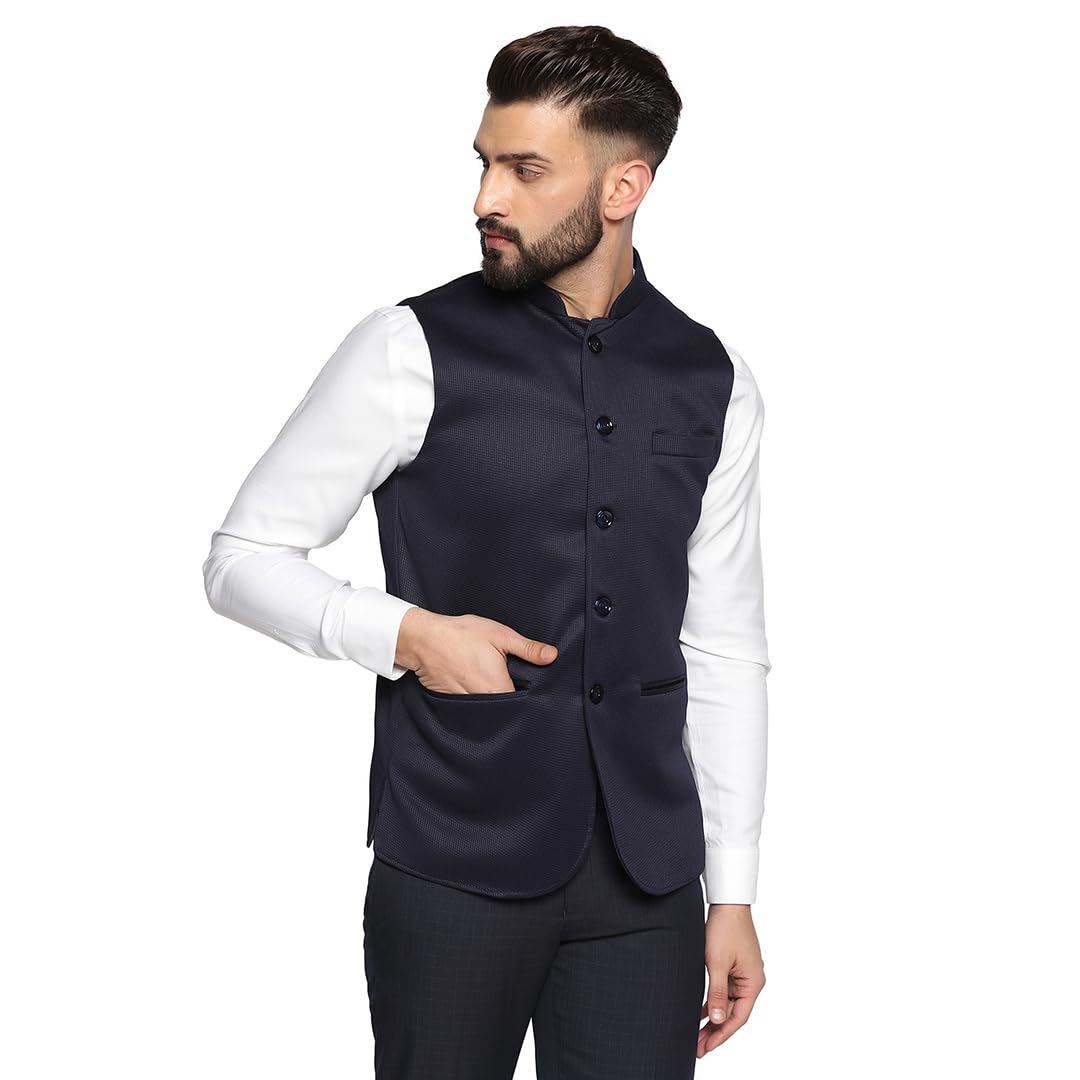 Men Blue Dobby Nehru Jacket