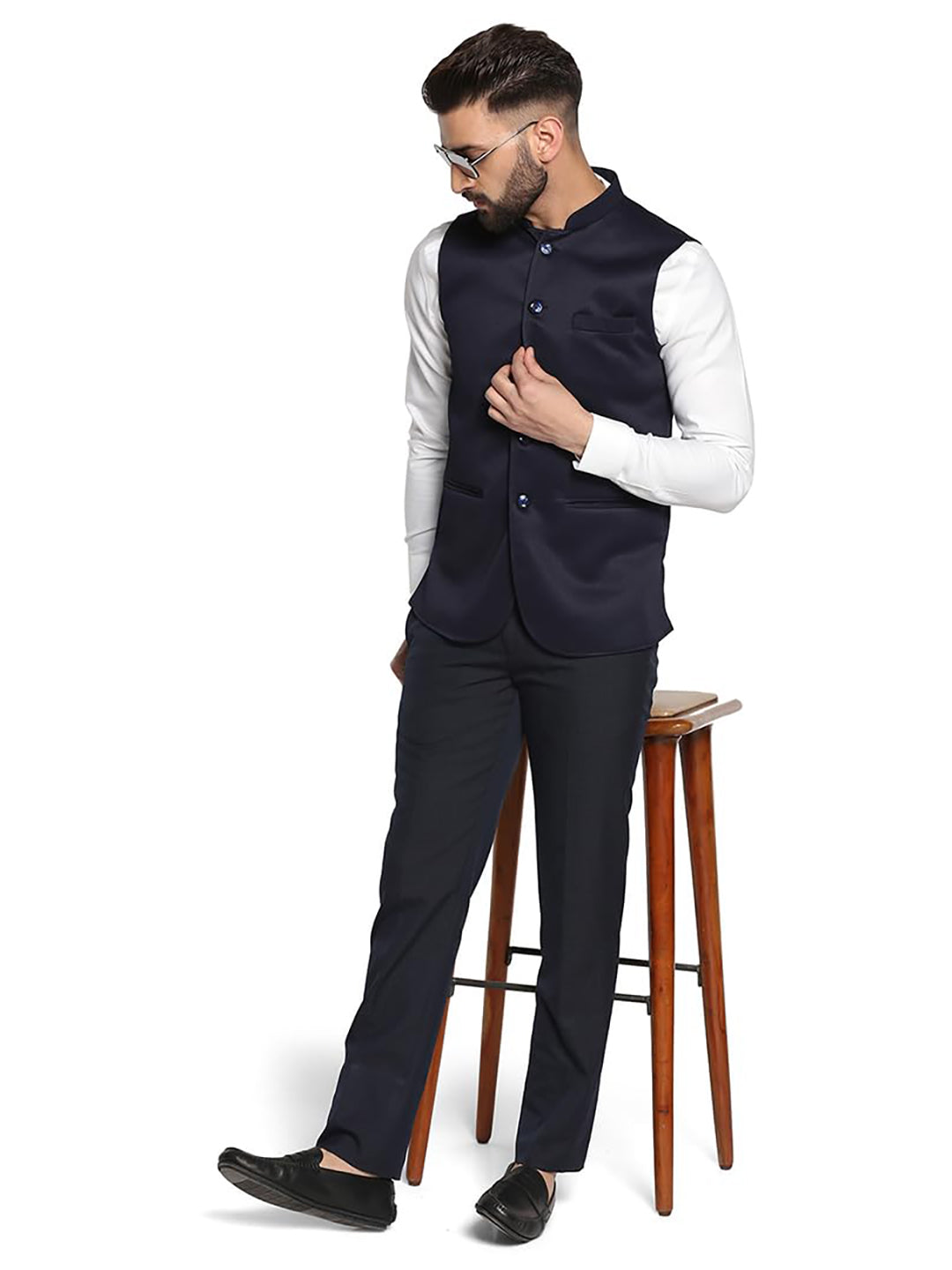 Men Blue Dobby Nehru Jacket - Tahvo India