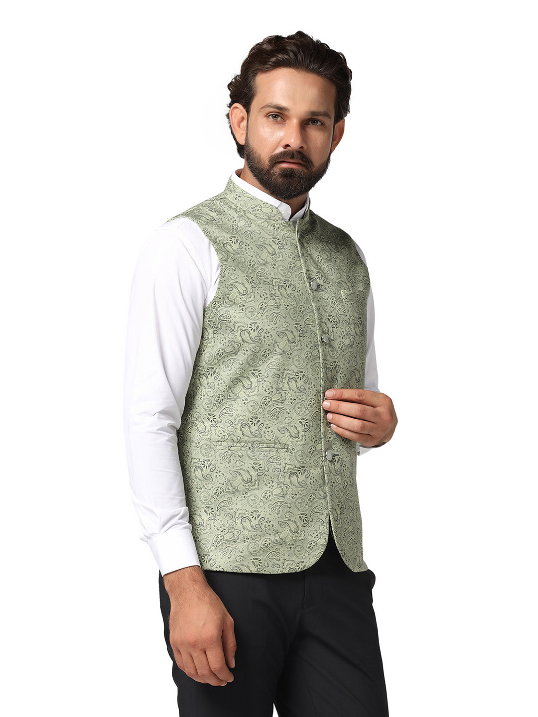 Men Green Printed Nehru Jacket - Tahvo India