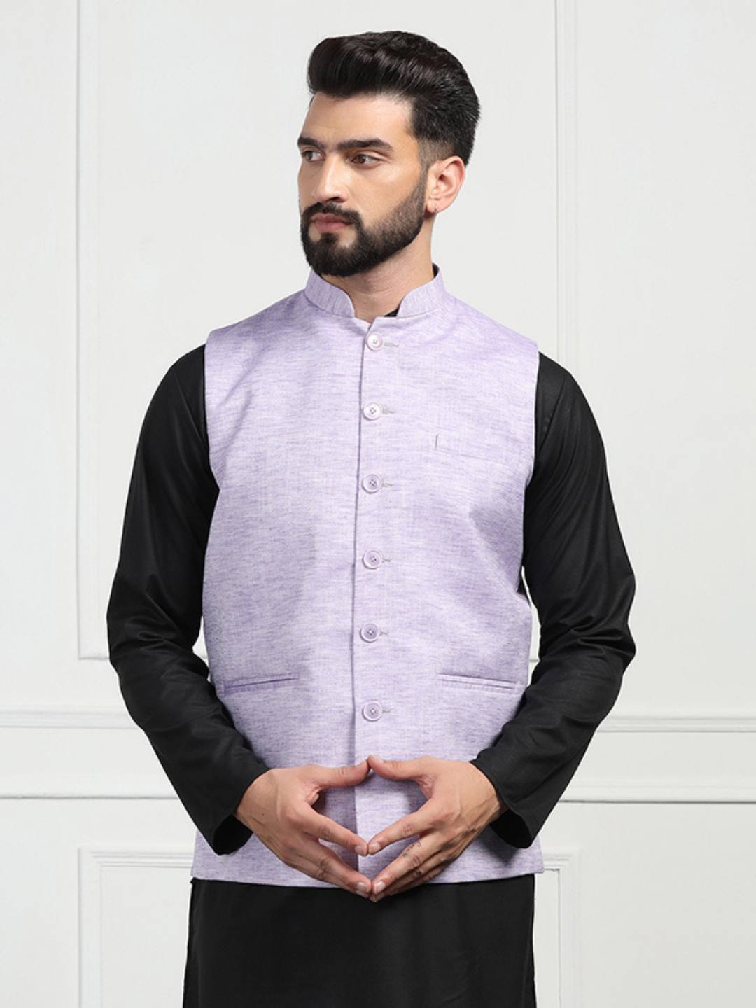 Men Purple Linen Nehru Jacket - Tahvo India