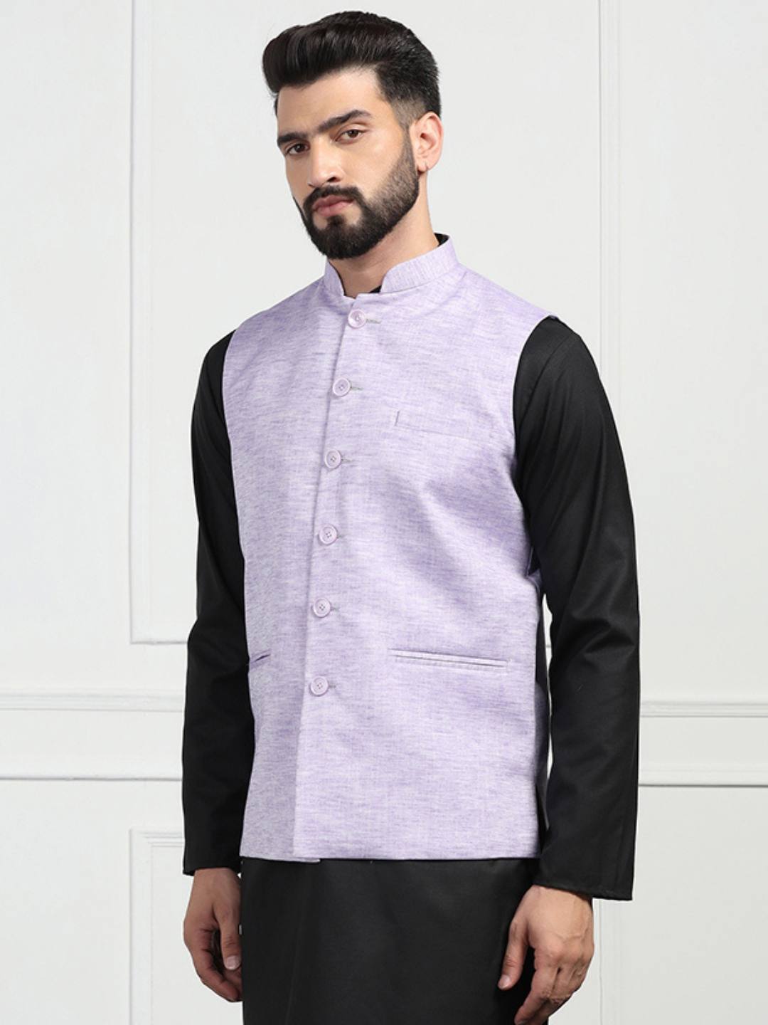Men Purple Linen Nehru Jacket - Tahvo India