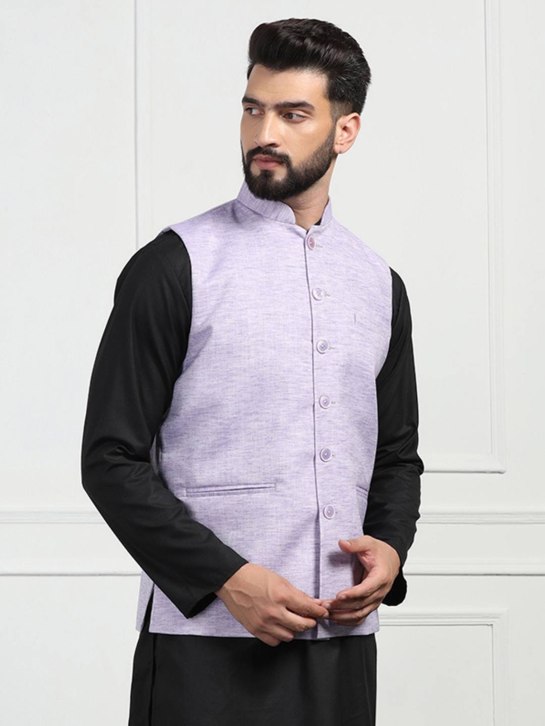 Men Purple Linen Nehru Jacket - Tahvo India