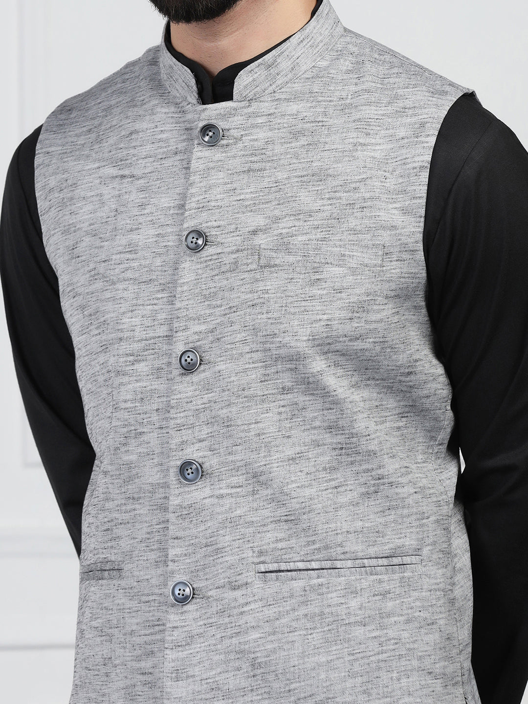 Men Grey Linen Nehru Jacket - Tahvo India