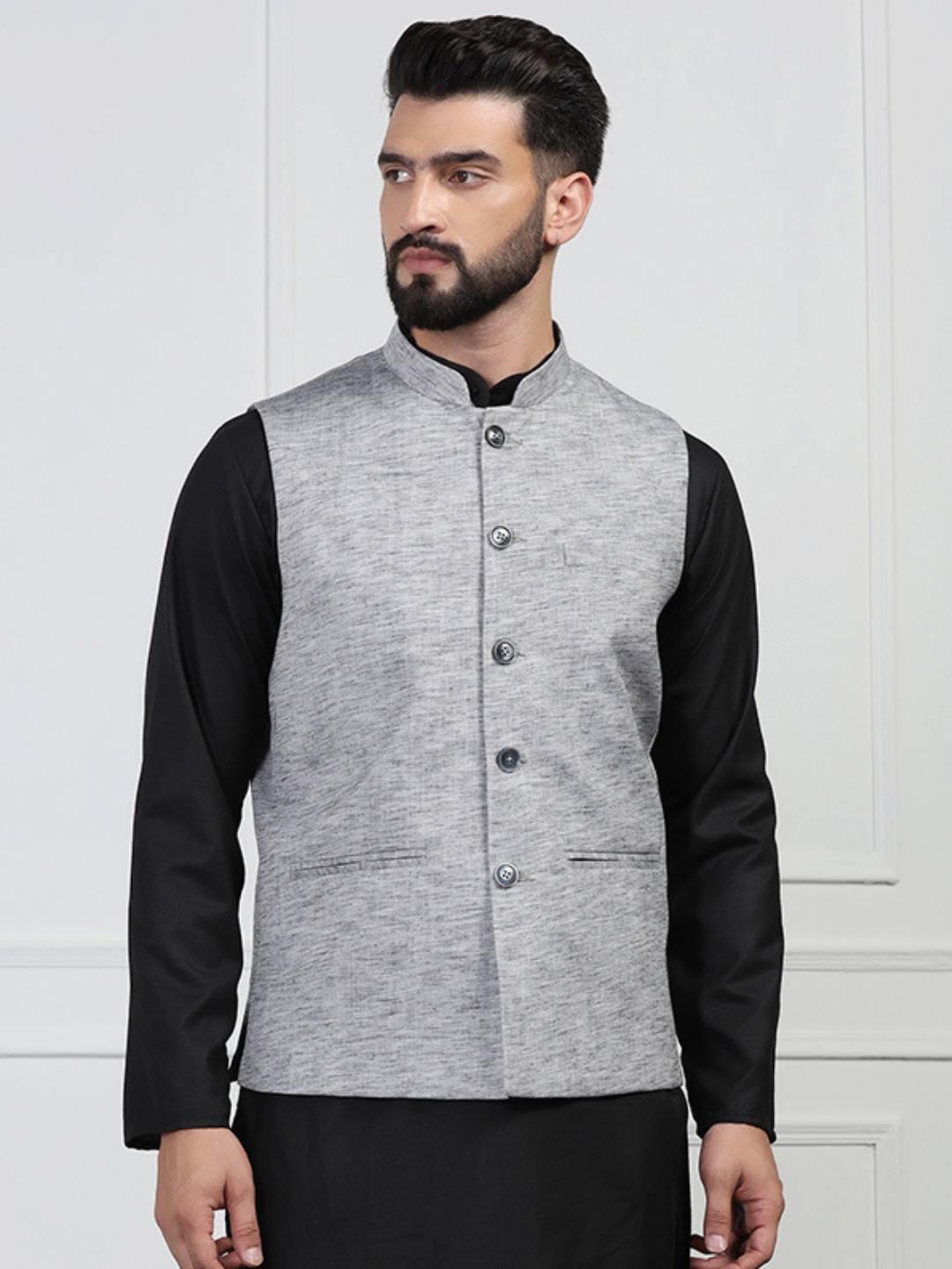 Men Grey Linen Nehru Jacket - Tahvo India