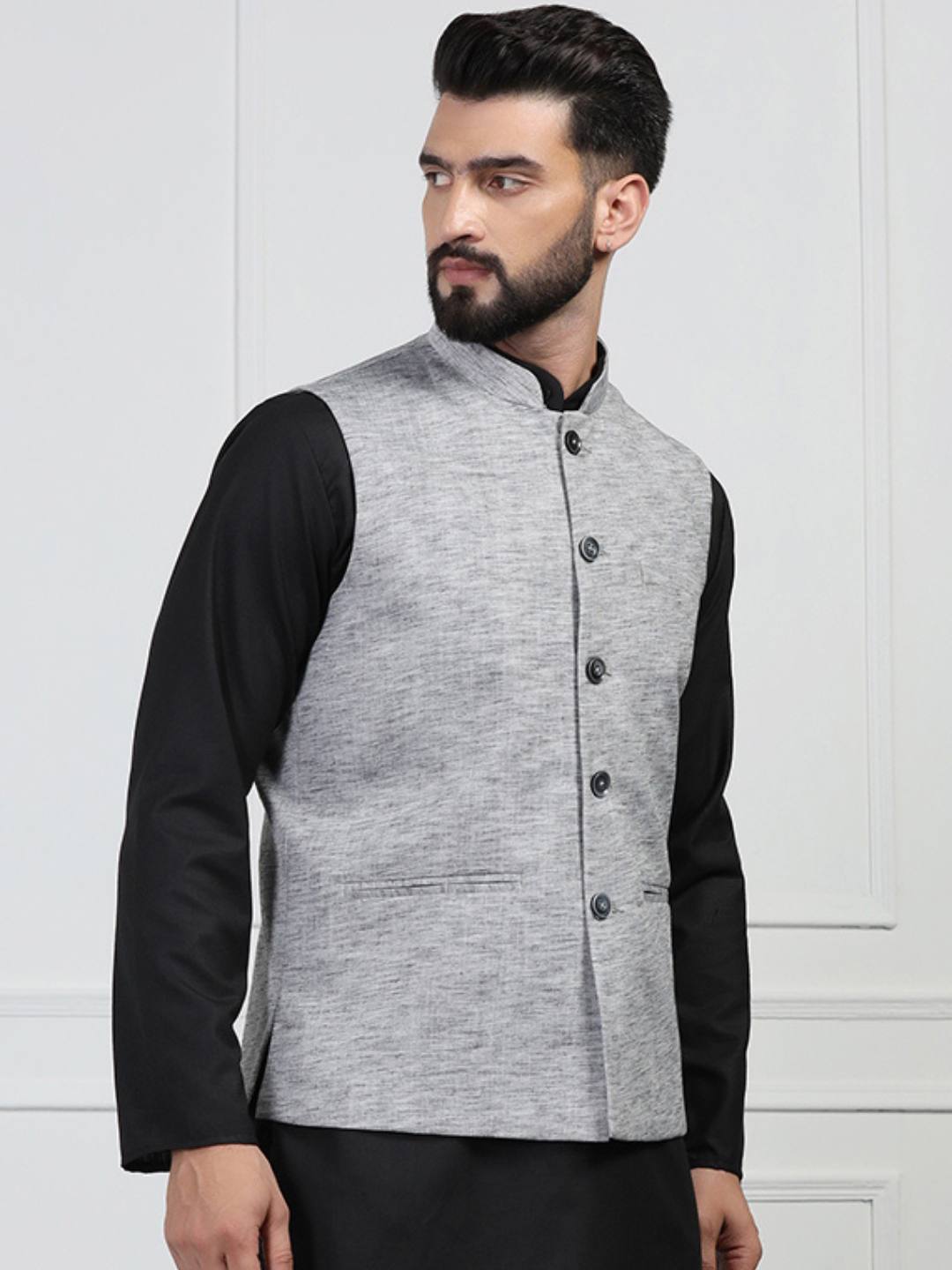 Men Grey Linen Nehru Jacket - Tahvo India