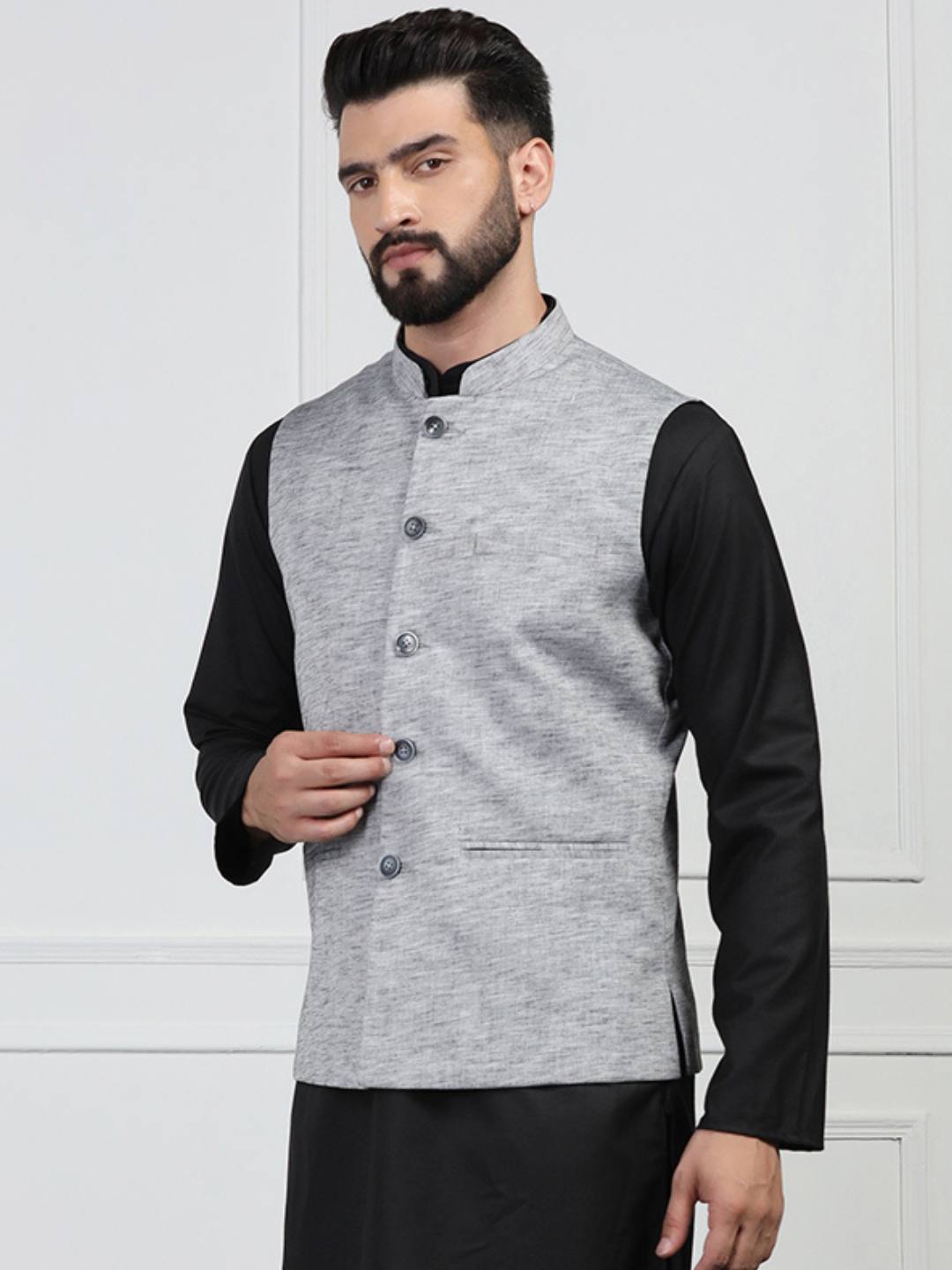 Men Grey Linen Nehru Jacket - Tahvo India