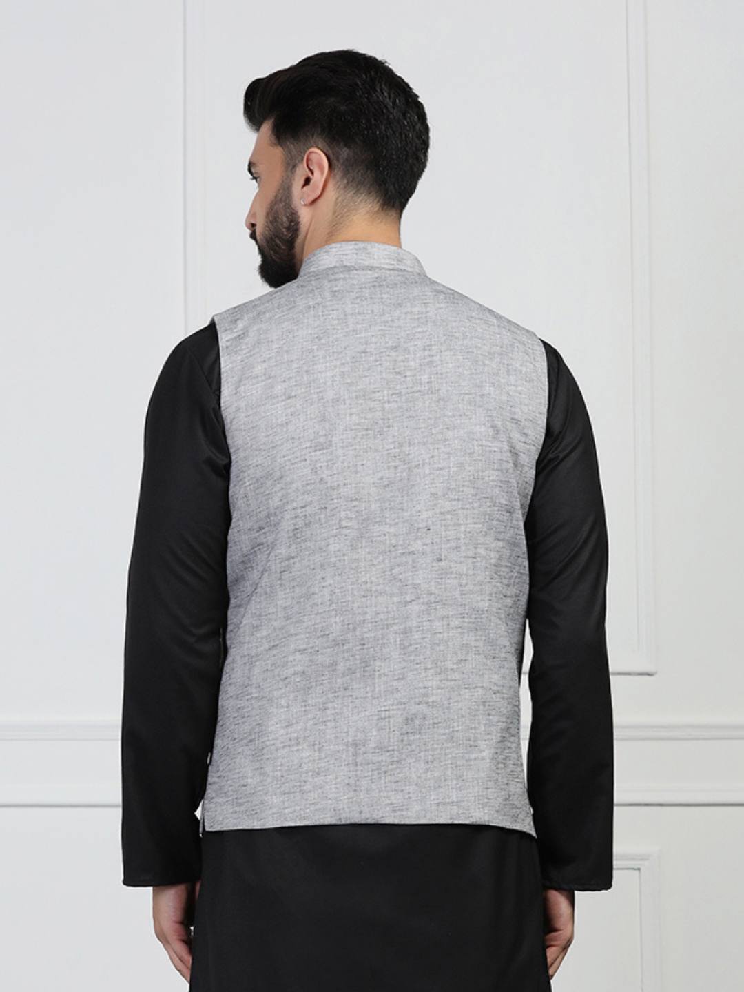 Men Grey Linen Nehru Jacket - Tahvo India