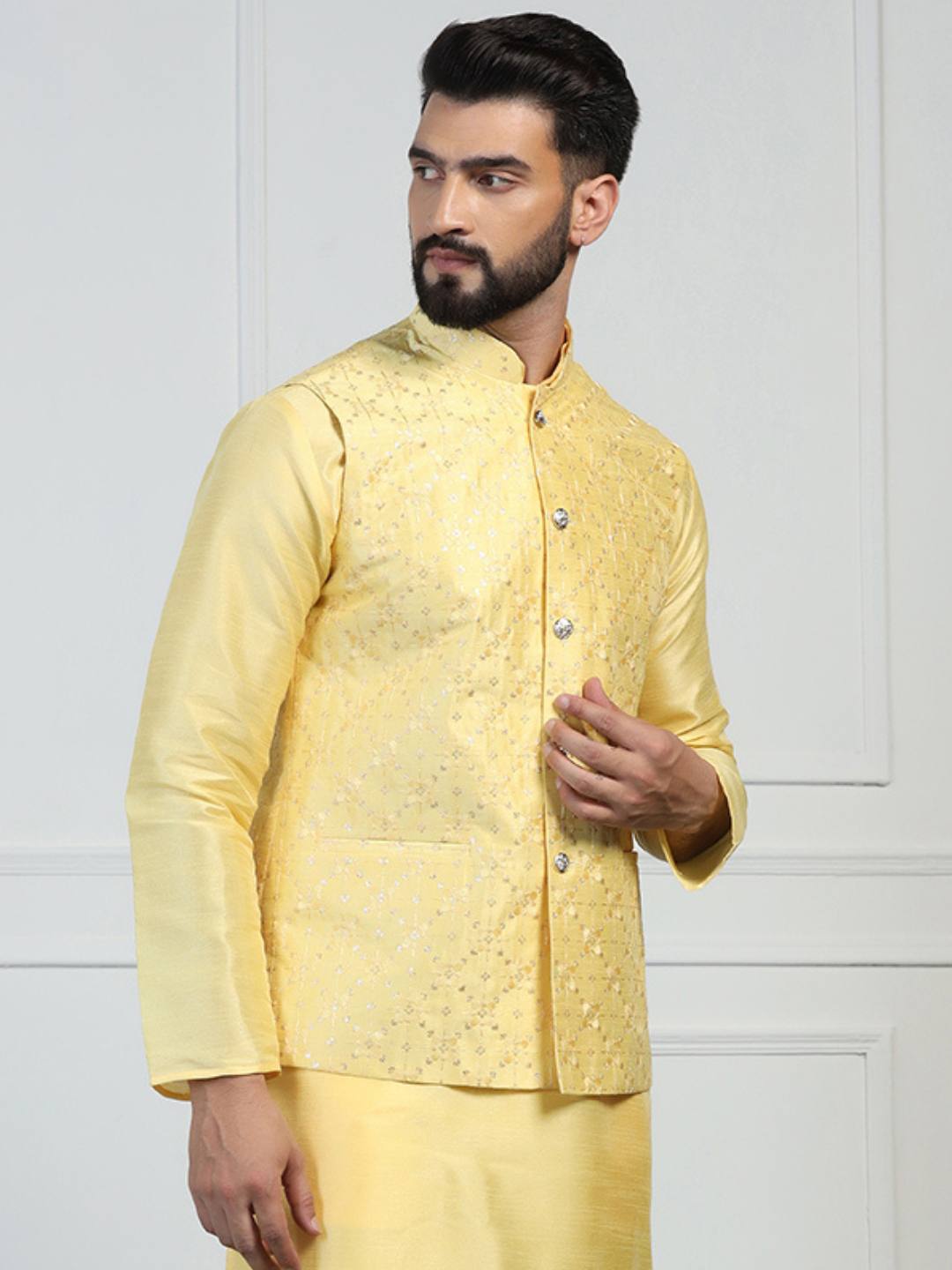 Men Yellow Embroidered Jacket - Tahvo India