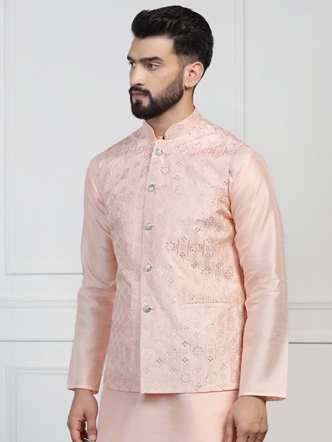 Men Peach Embroidered Jacket - Tahvo India