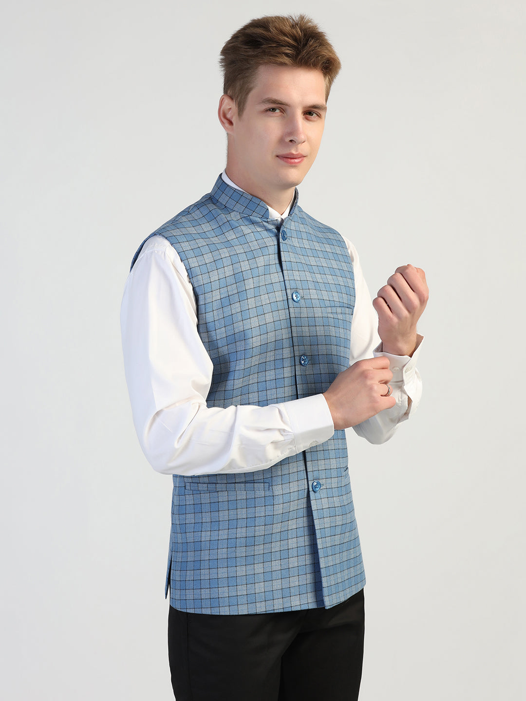 Blue Checked Waistcoat - Tahvo India