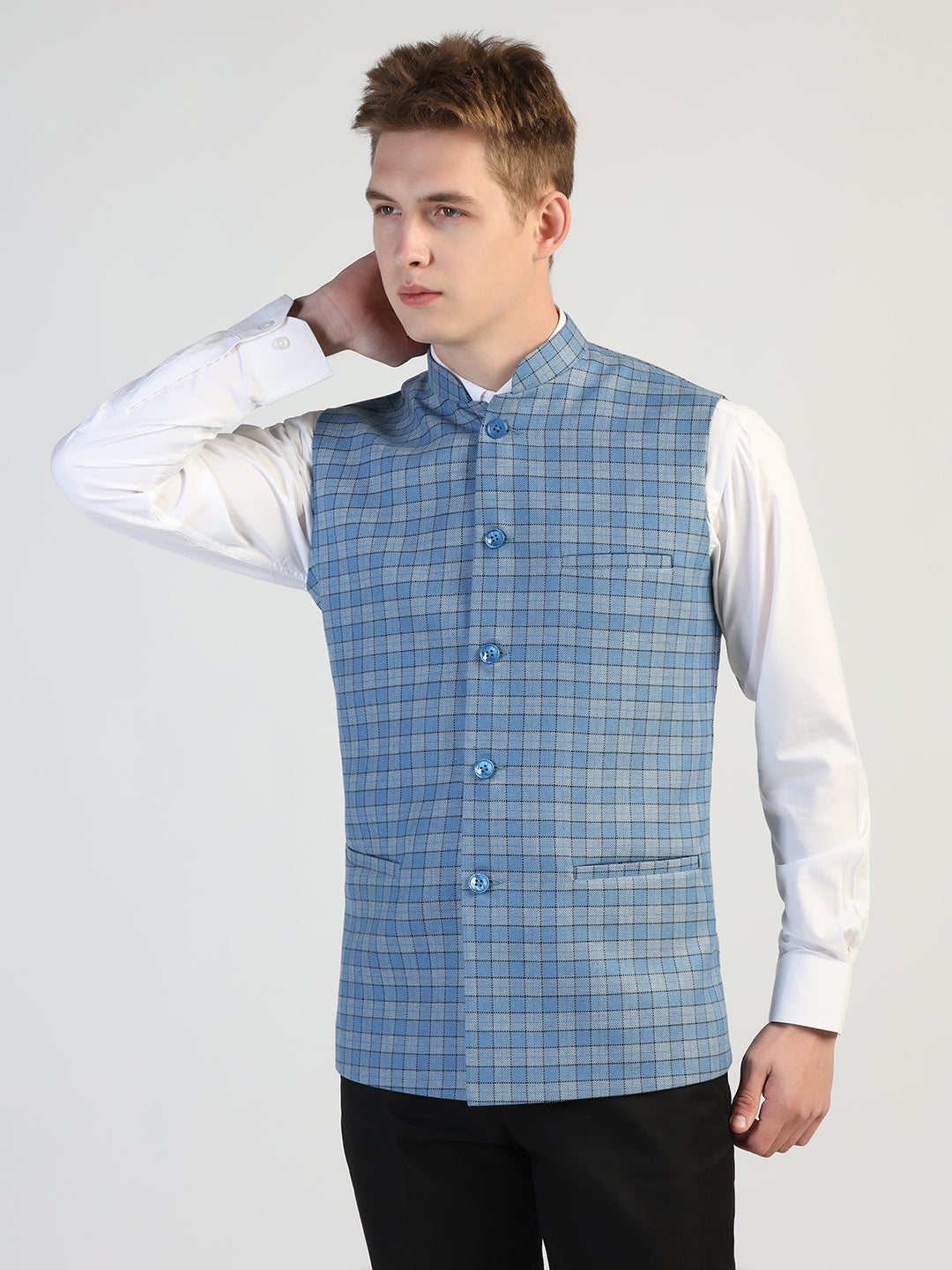 Blue Checked Waistcoat - Tahvo India