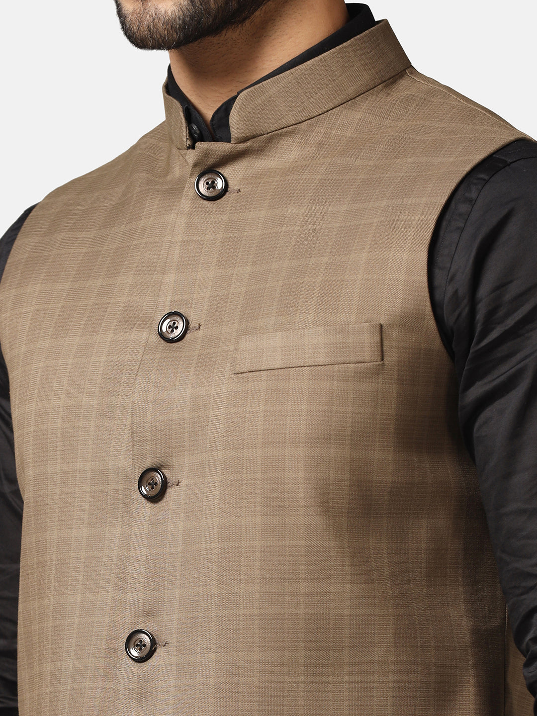 Men Brown Check Nehru Jacket