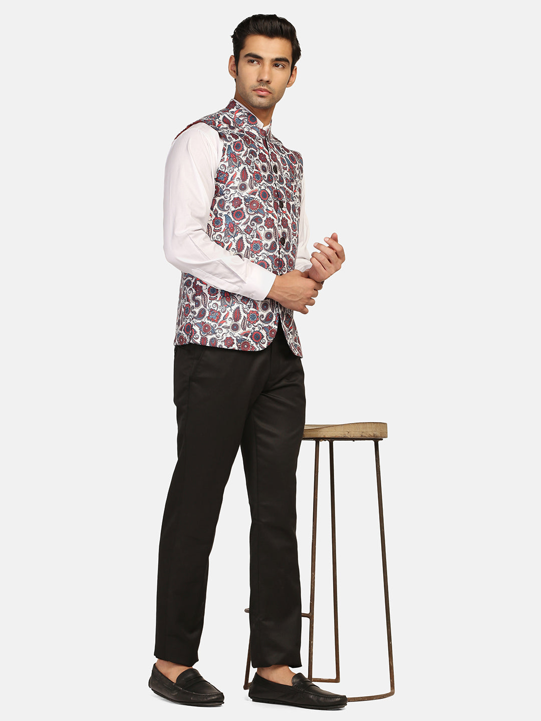 Men White Printed Nehru Jacket