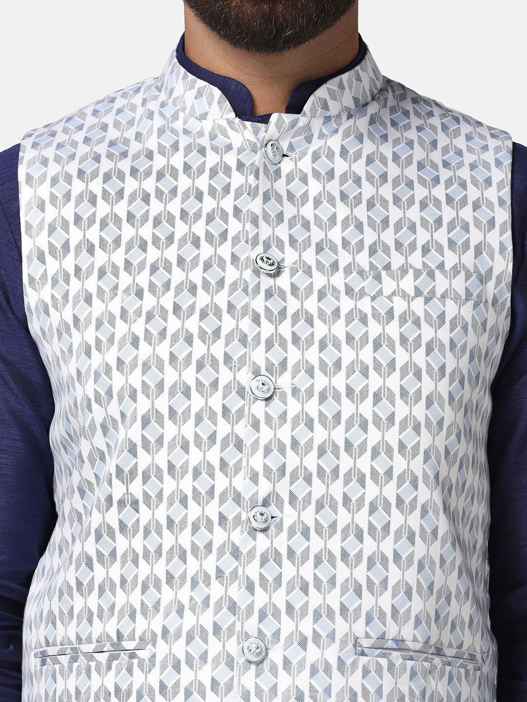 Men White Printed Nehru Jacket
