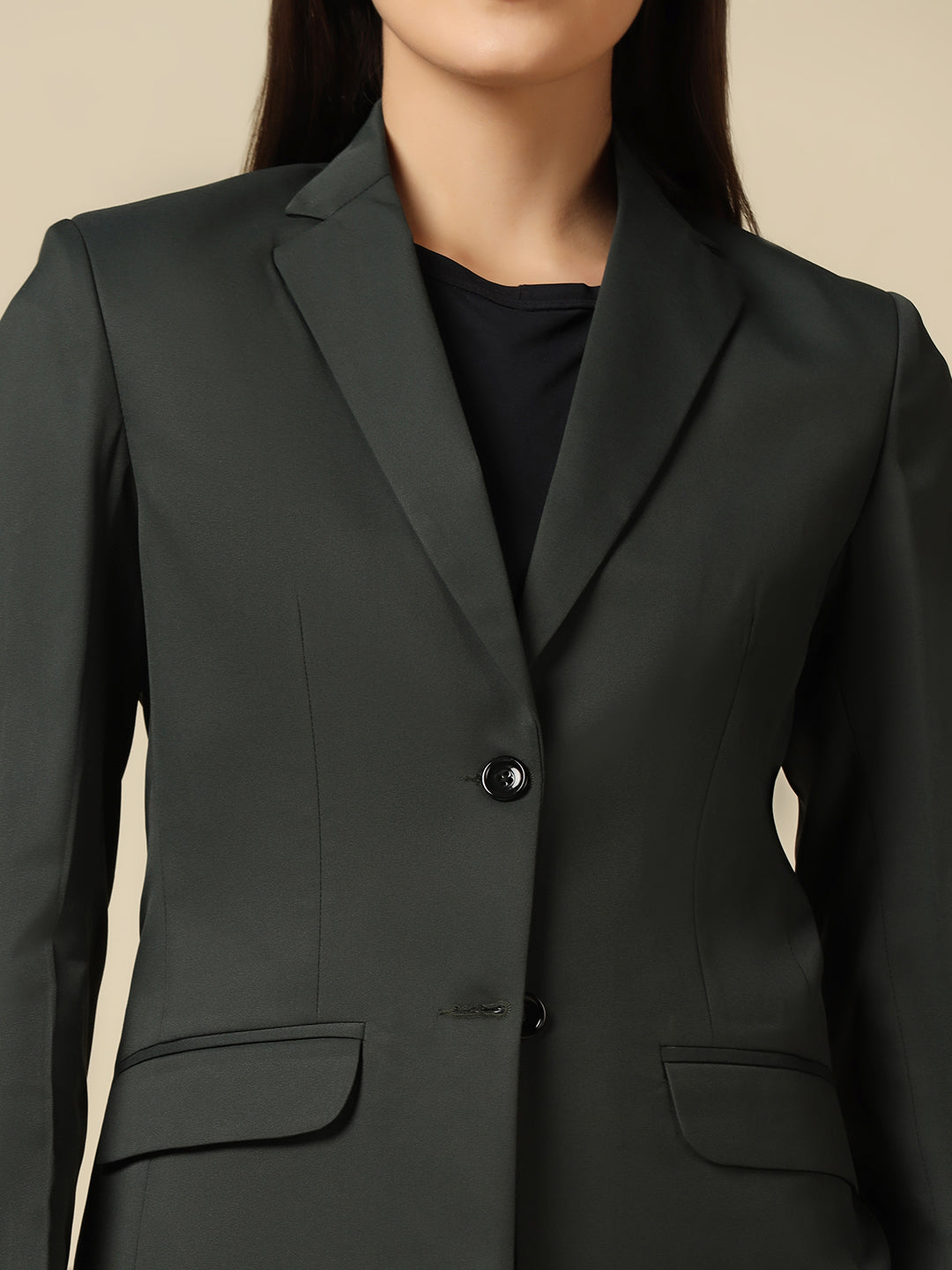 Women Dark Green Single Breasted Blazer