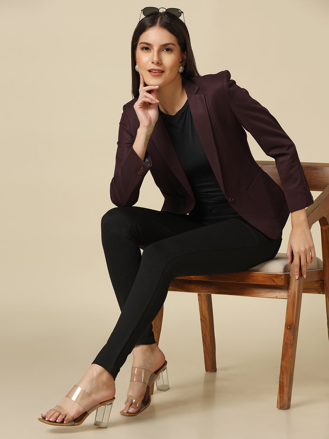 Women Maroon Single Breasted Blazer - Tahvo India