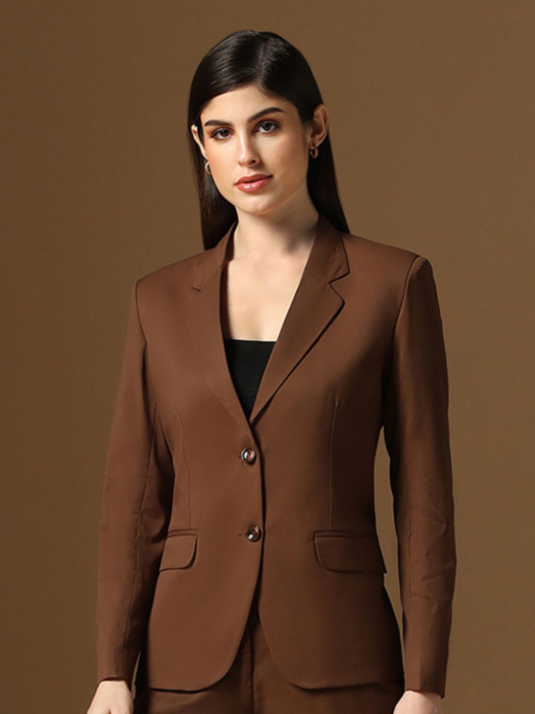 Coffee Brown Single-Breasted Notched Lapel Collar Formal Blazer - Tahvo India