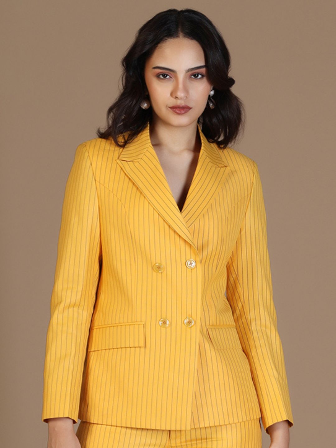 Women Yellow Stripes Blazer - Tahvo India