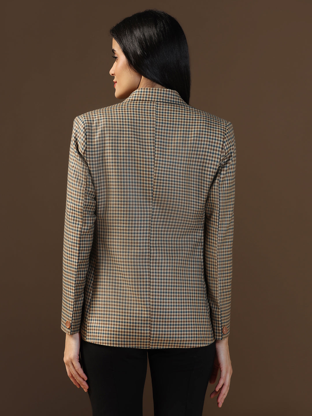 Women's Brown Tweed Checked Blazer - Tahvo India
