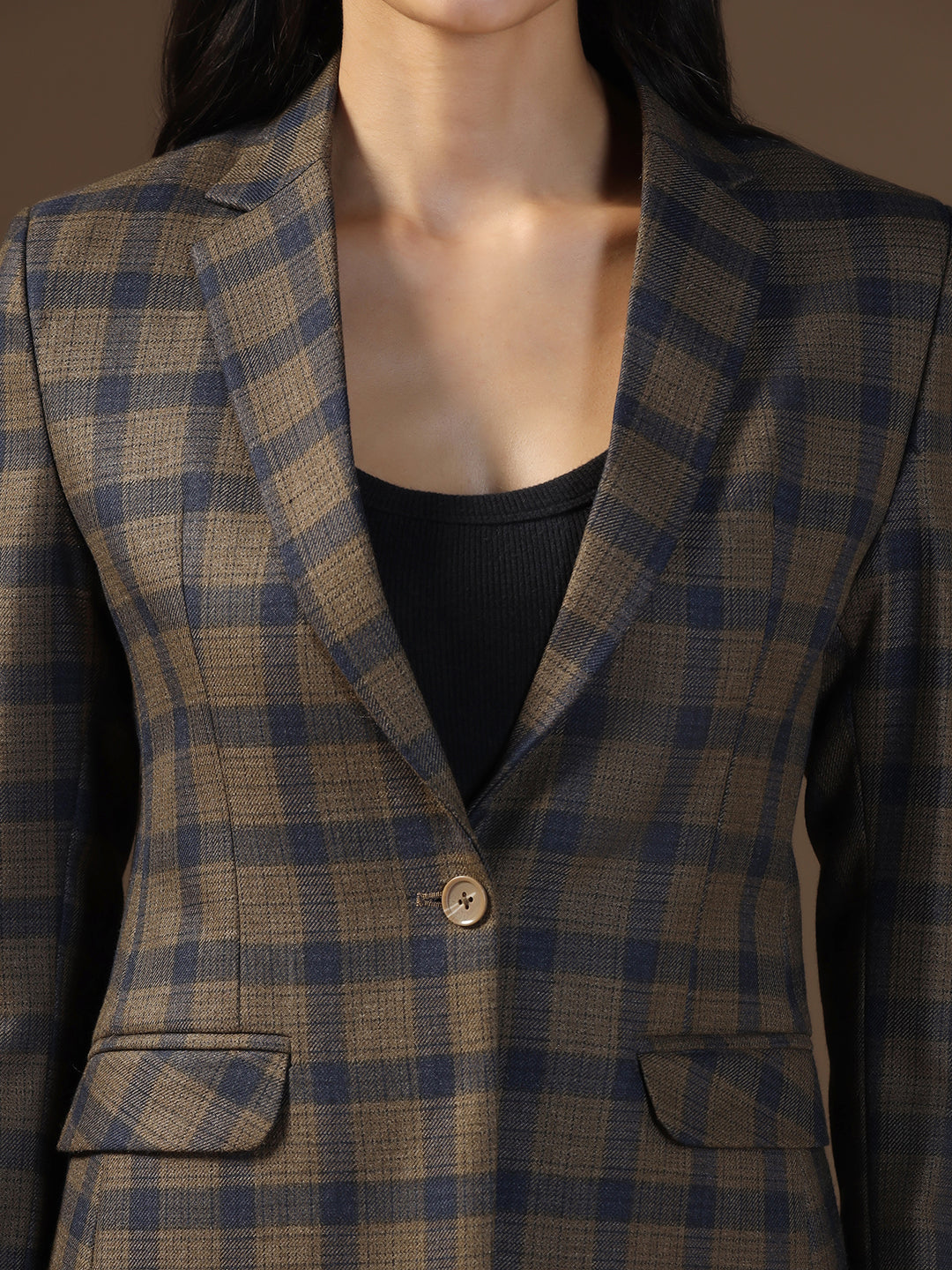 Women's Dark Brown Tweed Checked Blazer - Tahvo India