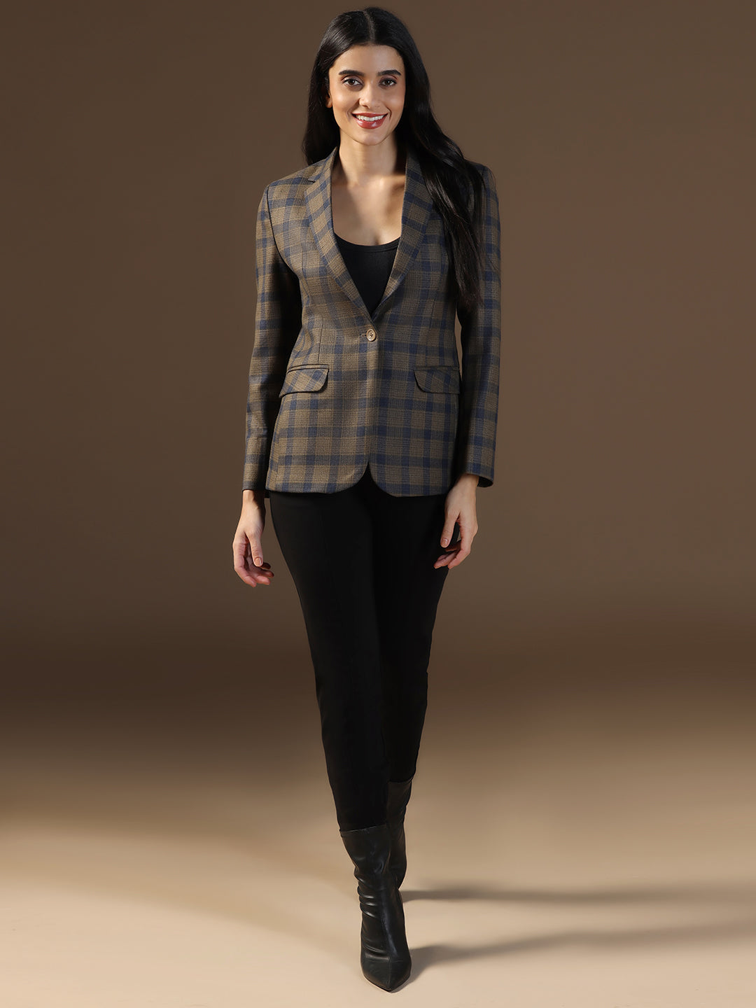 Women's Dark Brown Tweed Checked Blazer - Tahvo India