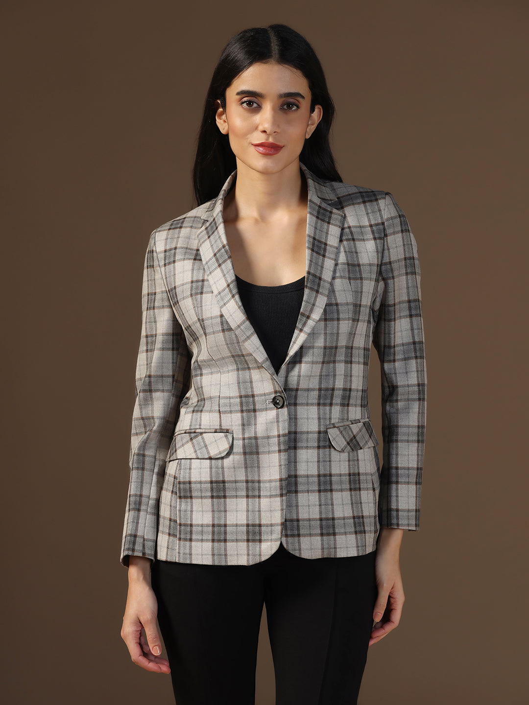 Women's Beige Tweed Checked Blazer - Tahvo India