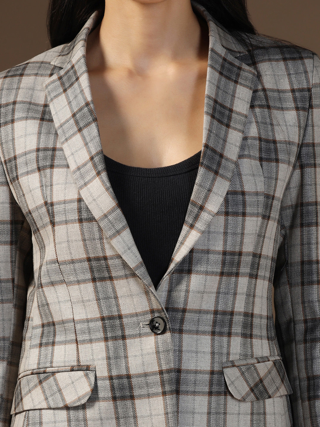 Women's Beige Tweed Checked Blazer - Tahvo India