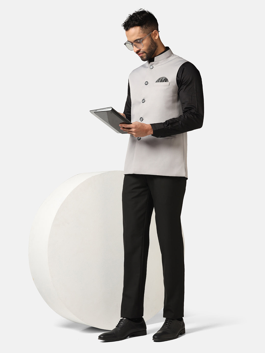 Men Light Grey Solid Nehru Jacket - Tahvo India