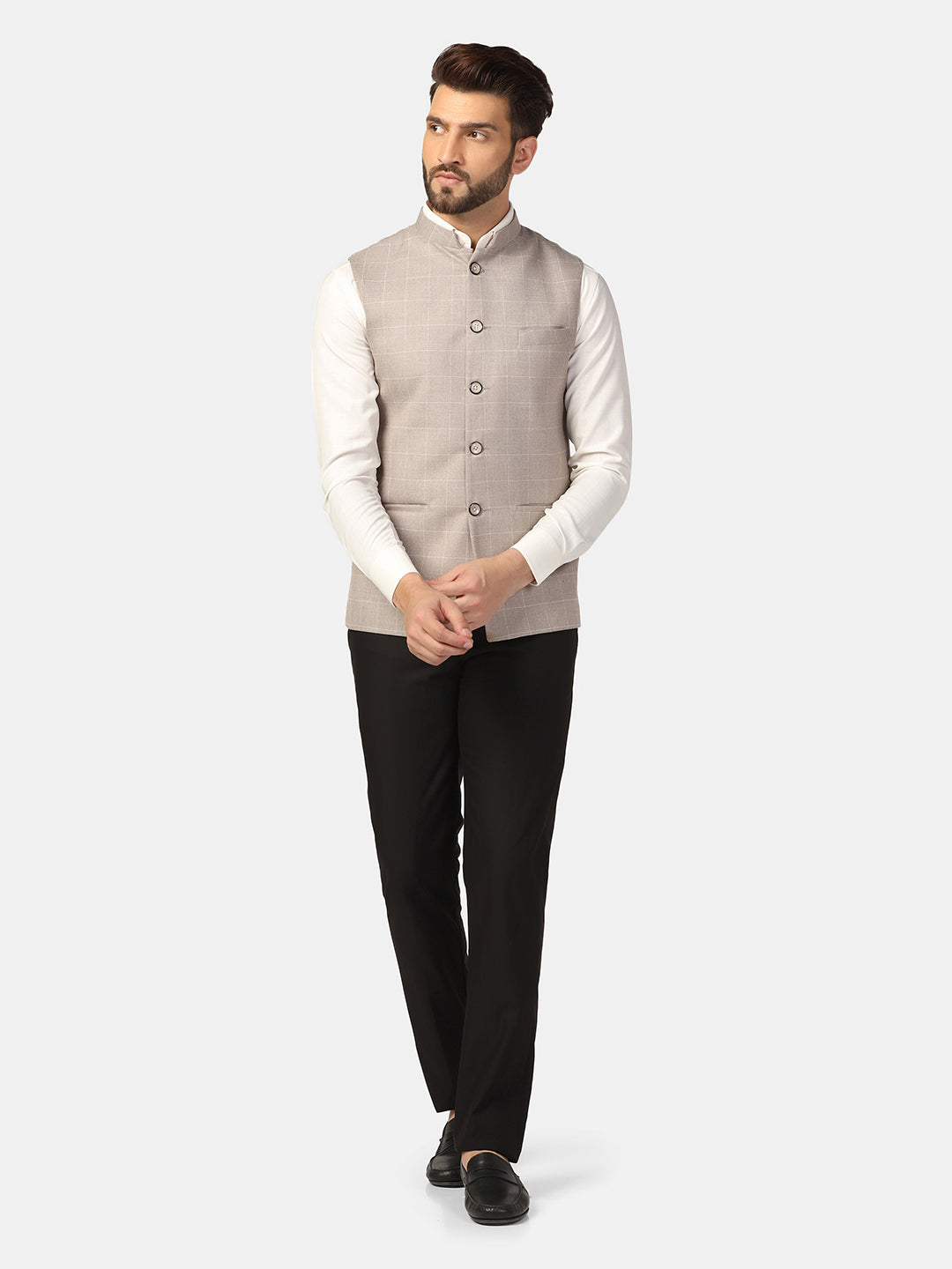 Men Beige Check Nehru Jacket