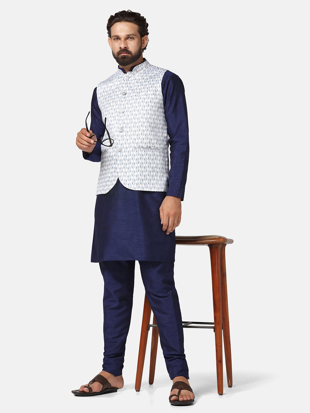 Men White Printed Nehru Jacket