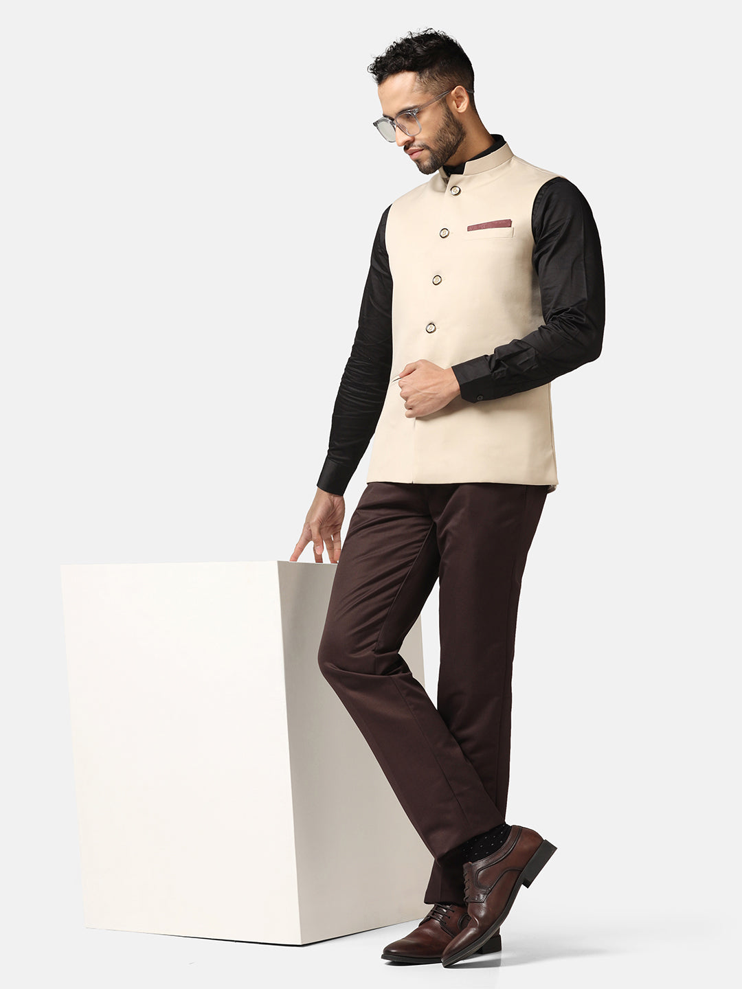 Men Beige Solid Nehru Jacket
