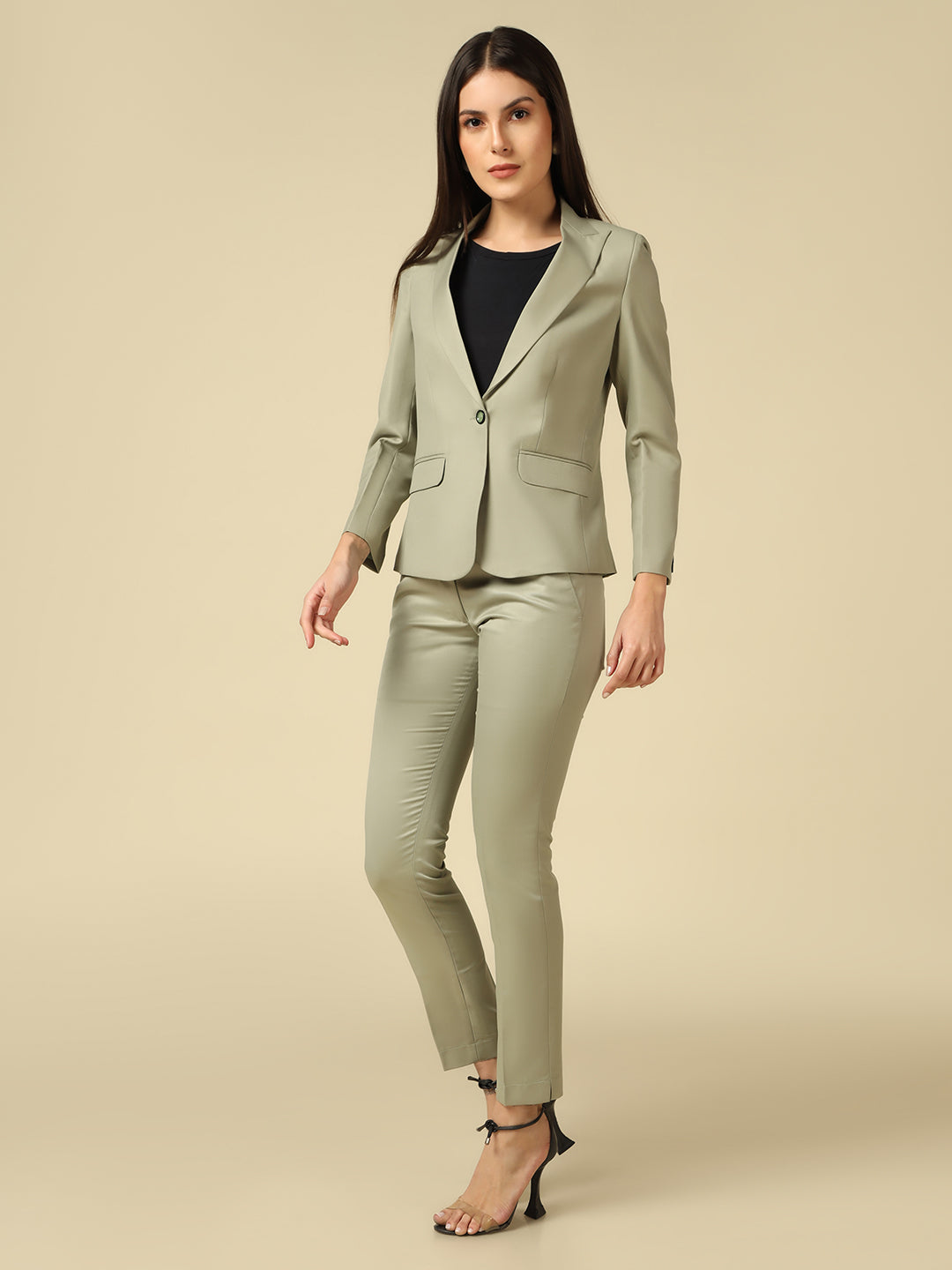 Women Light Green Blazer And Trousers Suit Set - Tahvo India