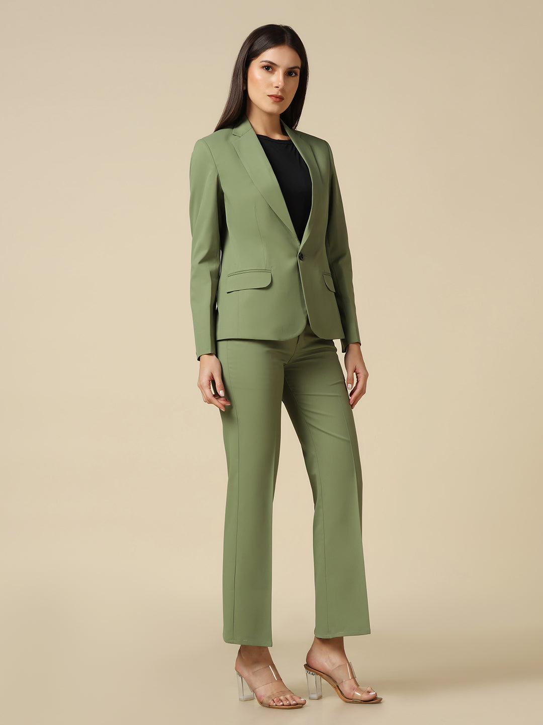 Women Green Blazer And Trousers Suit Set - Tahvo India