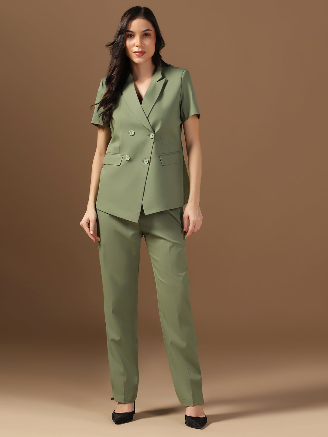Women Green Blazer And Trousers Suit Set - Tahvo India