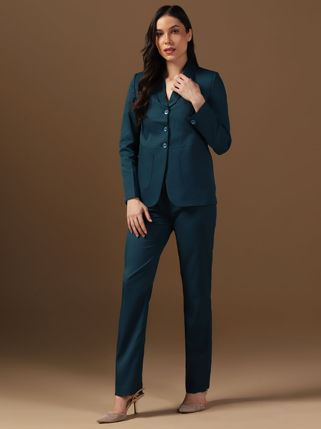 Women Turquoish Blazer And Trousers Suit Set - Tahvo India