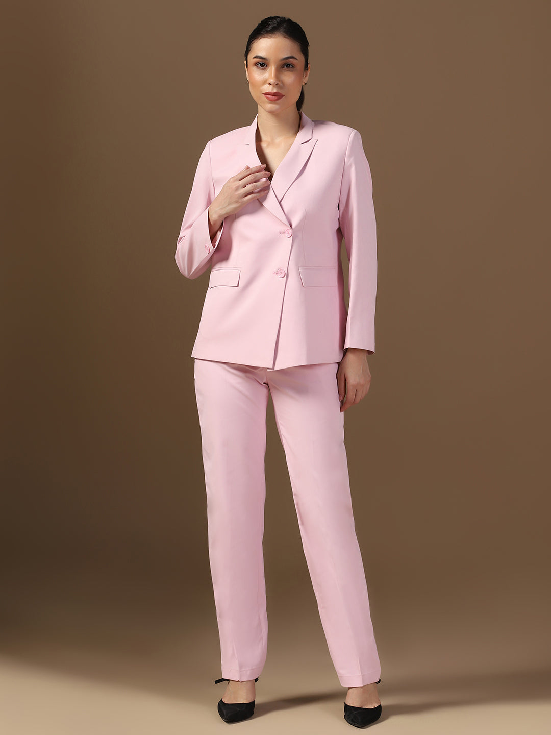 Women Pink Blazer And Trousers Suit Set - Tahvo India