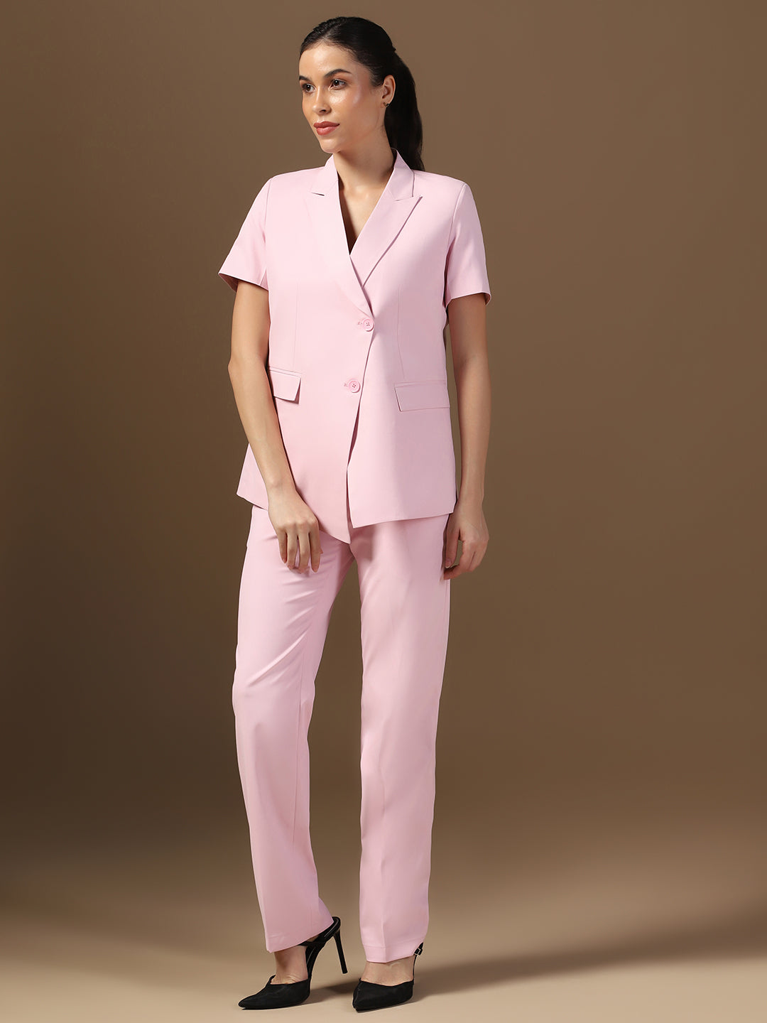 Women Pink Blazer And Trousers Suit Set - Tahvo India