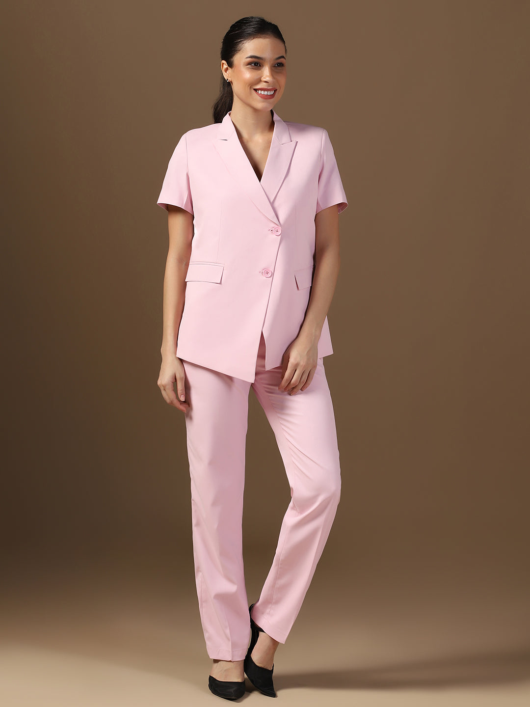 Women Pink Blazer And Trousers Suit Set - Tahvo India