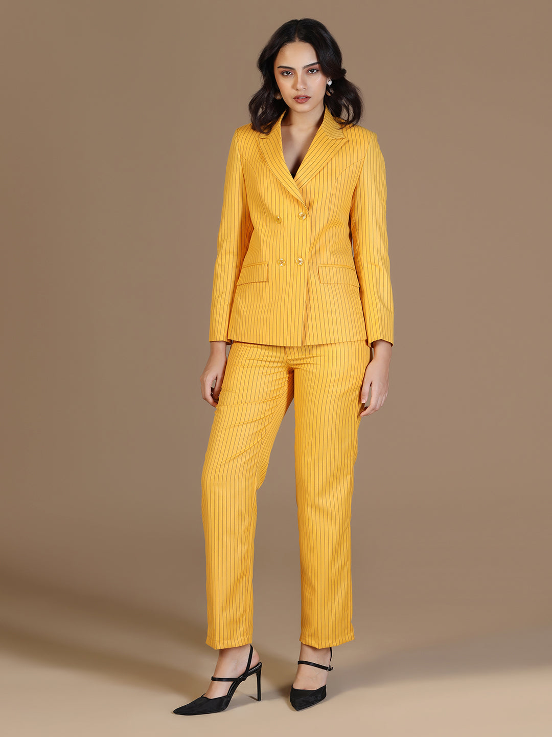 Women Yellow Blazer And Trousers Suit Set - Tahvo India