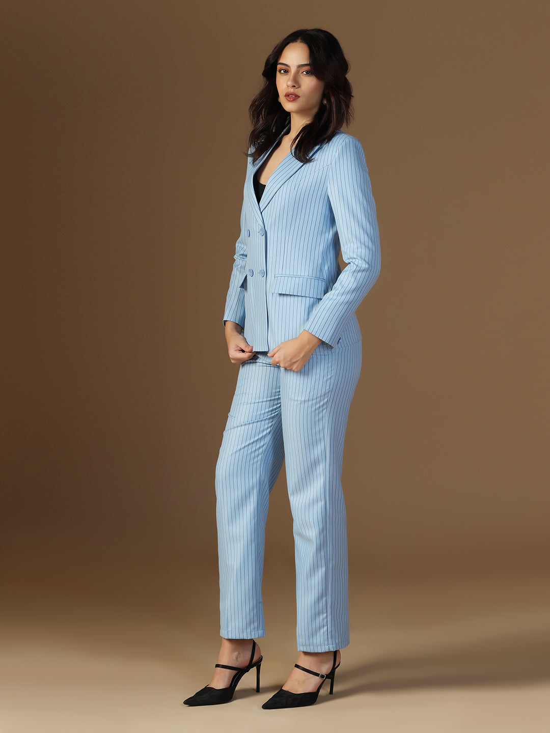 Women Blue Blazer And Trousers Suit Set - Tahvo India