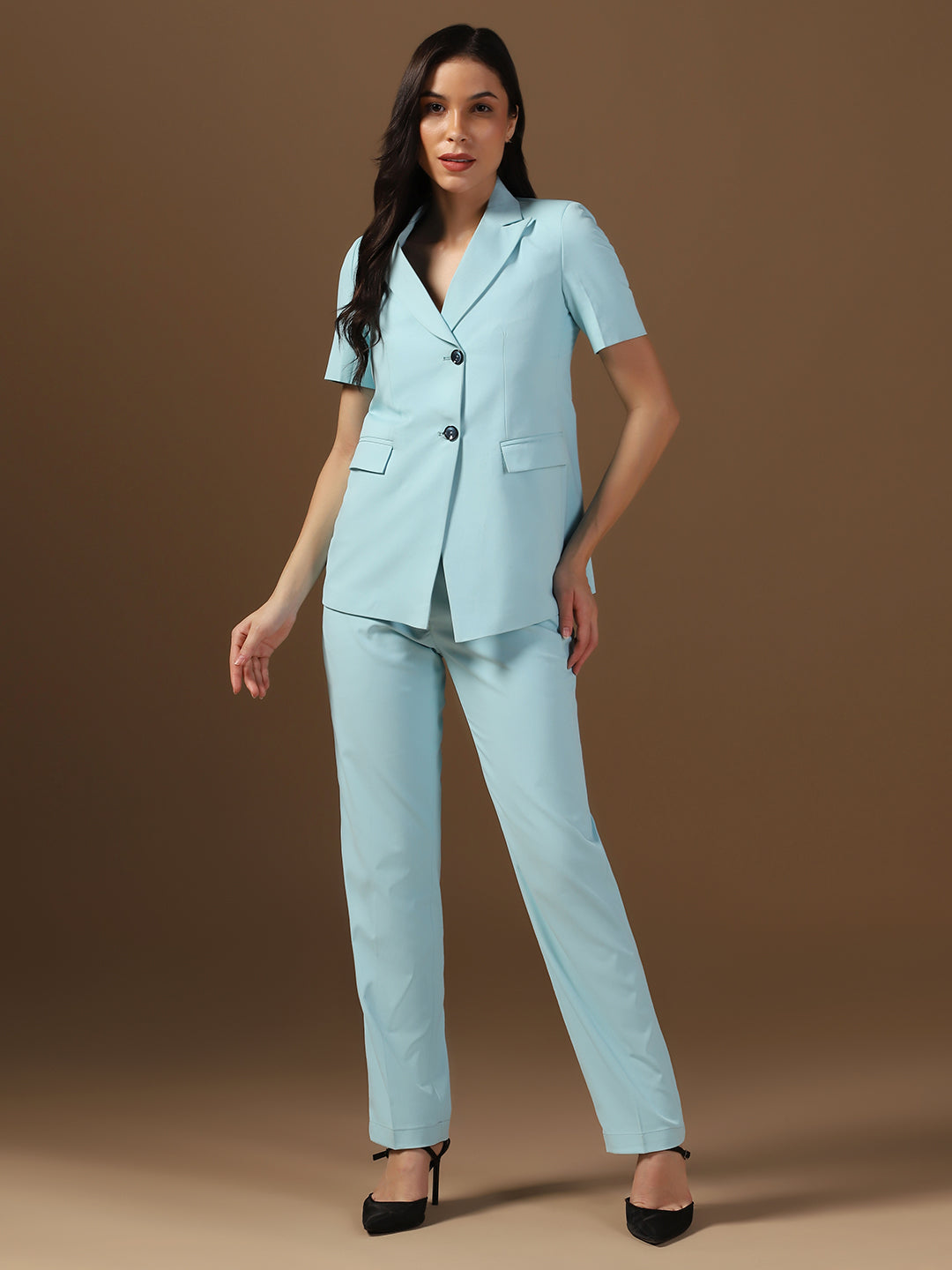 Women Ice Blue Blazer And Trousers Suit Set - Tahvo India