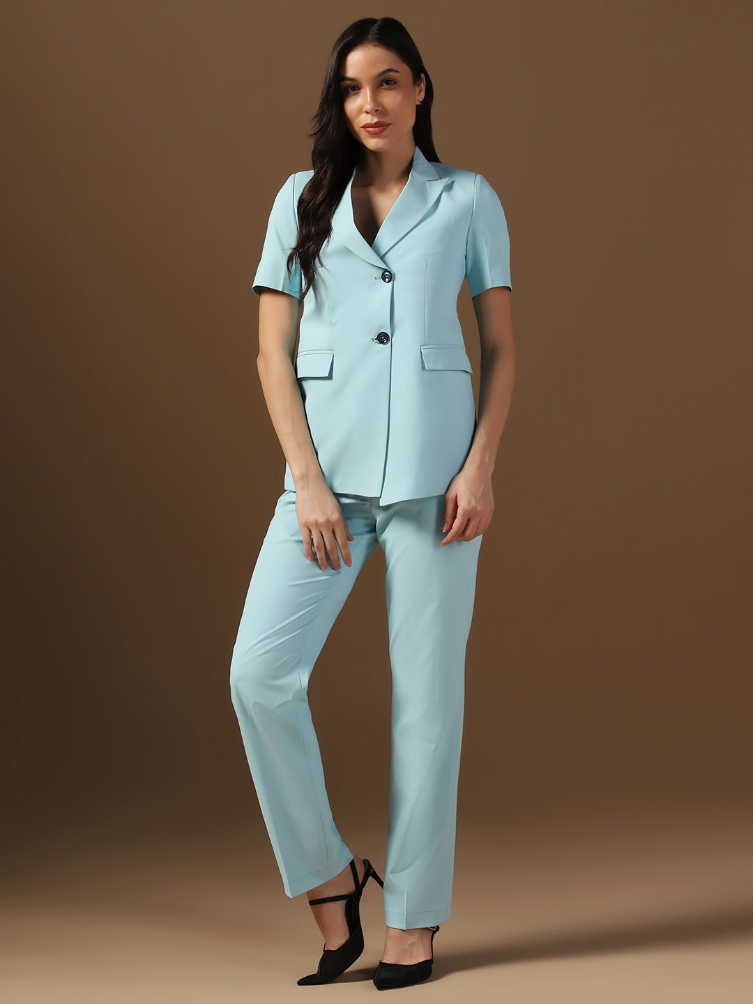 Women Ice Blue Blazer And Trousers Suit Set - Tahvo India