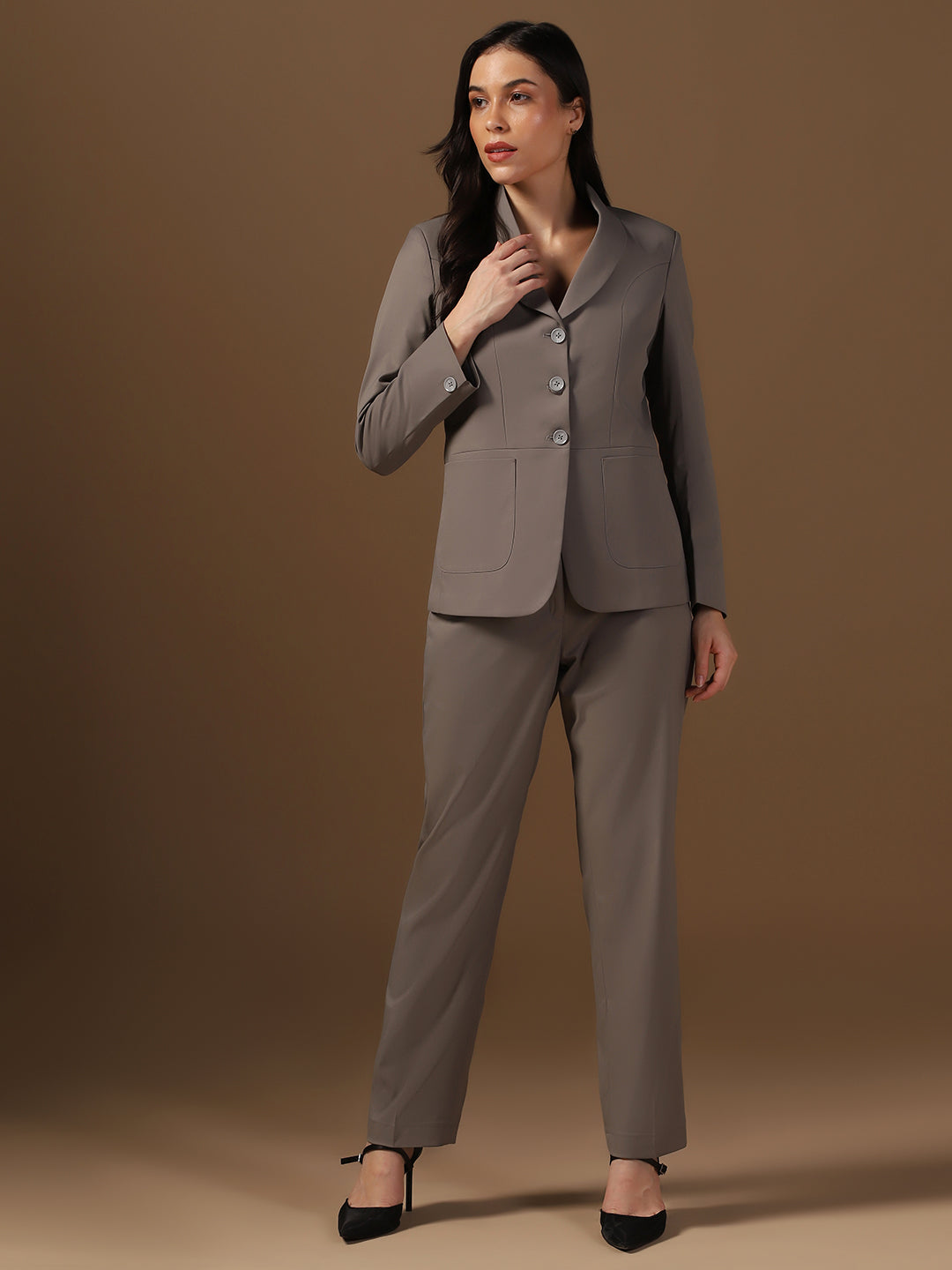 Women Dark Grey Blazer And Trousers Suit Set - Tahvo India
