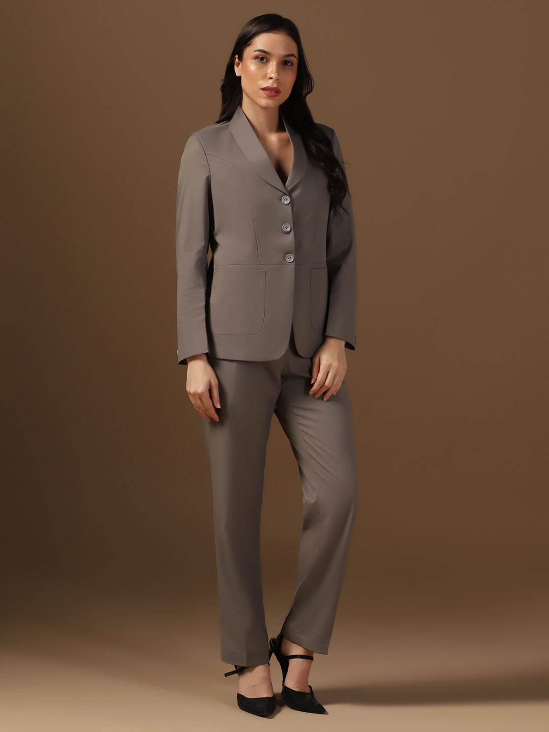 Women Dark Grey Blazer And Trousers Suit Set - Tahvo India