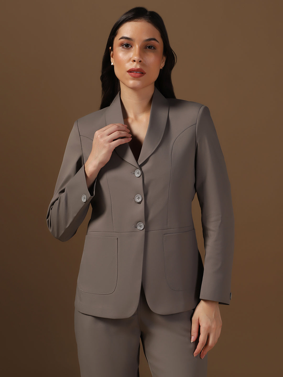 Women Dark Grey Blazer And Trousers Suit Set - Tahvo India