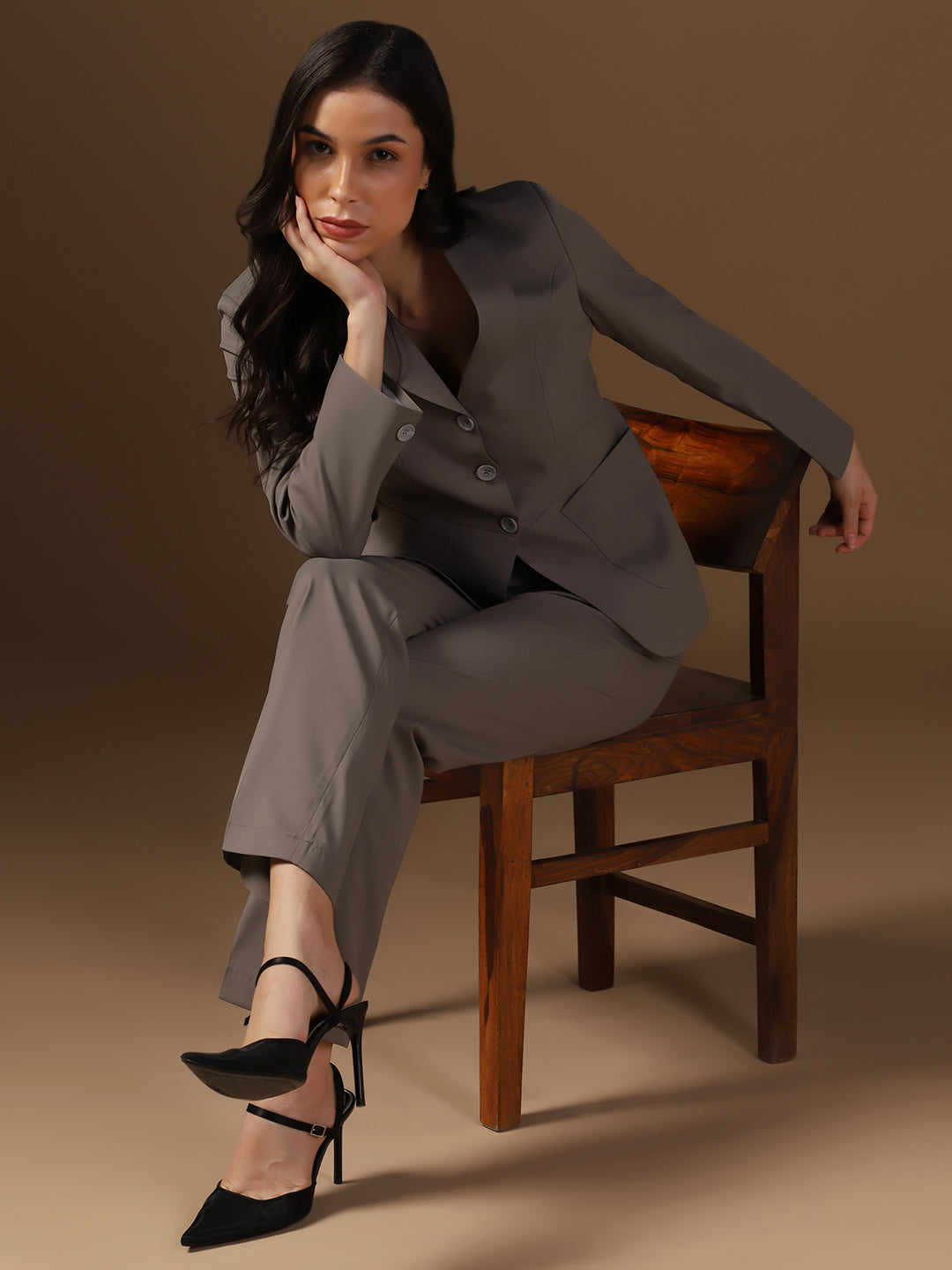 Women Dark Grey Blazer And Trousers Suit Set - Tahvo India